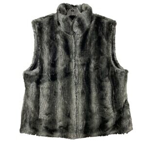 Womens Gray Faux Fur Vest Size Large Reversible Black Weather Resistant Zip‎ Up